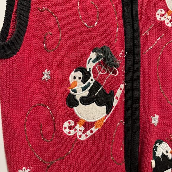Holiday Editions Red Christmas Penguin Sweater Vest Zip Up Size Large - Picture 2 of 5
